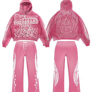 Ensemble de survêtement personnalisé à capuche, manches longues, style streetwear, imprimé flamme noir et rouge, unisexe adulte, coupe ample, pantalon à cordon de serrage, automne - Product Image 5