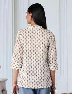 Top de algodón con cuello mandarín y estampado de piña para mujer, jersey informal de manga tres cuartos, corte regular, para todas las estaciones - Product Image 3