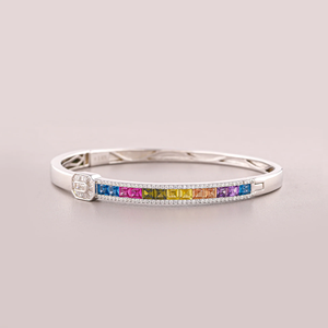Women's Rhodium Plated Tibetan <b>Silver</b> <b>Bangle</b> With Round Brilliant Cut Diamond Channel Setting Geometric Classic <b>Bracelet</b> - Product Image 2