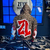 Sweat à capuche zippé pour homme, double épaisseur, 100% coton, motif léopard, avec patchs brodés et imprimés effet vieilli, idéal pour l'hiver