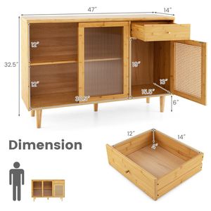 Credenza in Teak e Bambù per Soggiorno con Ante Scorrevoli in Rattan, Cassetto Estraibile e Base in Legno di Gomma - Product Image 4