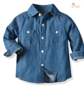 เสื้อเชิ้ตเดนิมแขนยาวสำหรับเด็กผู้ชาย ปกคอปกติดกระดุม สีพื้น ผ้าฝ้าย เสื้อเด็ก - Product Image 1
