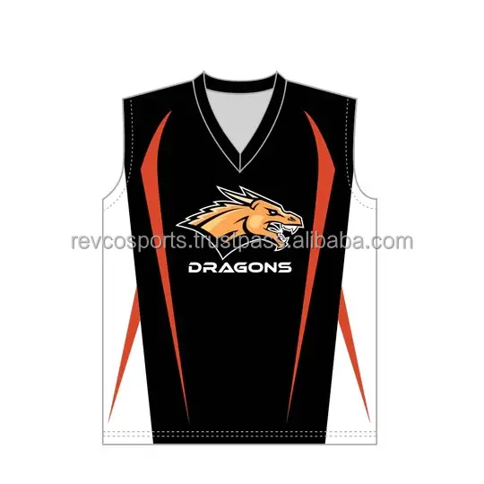 Camisa de voleibol sem mangas com estampa de sublimação personalizada, camisa de poliéster preto e vermelho totalmente personalizada, logotipo da equipe de voleibol