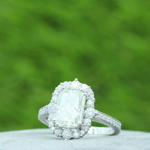 Emerald Cut Diamond Engagement <b>Ring</b> With Halo Pave Setting 925 Silver Plated Rhodium Finish Classic Women's Jewelry - Product Image 3
