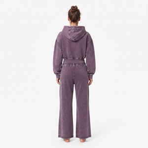 Ensemble sweat à capuche court zippé en molleton de coton délavé à l'acide pour femme et pantalon de jogging large à épaules tombantes – Vente chaude - Product Image 6