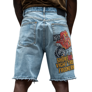Shorts en jean pour hommes Y2K, coupe droite, taille mi-haute, respirants, à boutons - Product Image 4