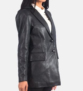 Veste en cuir véritable noire pour femme, à double boutonnage, coupe ajustée, col rabattu, tenue formelle d'automne - Product Image 2