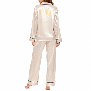 Conjunto de pijamas de satén para mujer, manga larga, con botones en la parte delantera, color sólido, cuello vuelto, longitud completa, ropa de dormir cómoda, ropa de otoño - Product Image 3