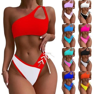 Conjunto de Bikini Rojo Rosa de un Solo Hombro, Asimétrico, Elástico, Antibacterial, con Cordón Ajustable en la Parte Inferior para Niñas - Product Image 4
