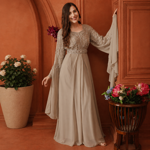 Elegant Beige Modern Embroidered Appliques Cape Sleeve Gown for Women <b>Chiffon</b> Straight <b>Maxi</b> <b>Dress</b> Flowing Cape Sleeves Modest - Product Image 4