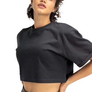 Women's <b>Black</b> Crop <b>Top</b> Short Sleeve Crew Neck Loose Fit Solid Color Casual T-Shirt 100% Cotton Spring Crop <b>Top</b> - Product Image 6