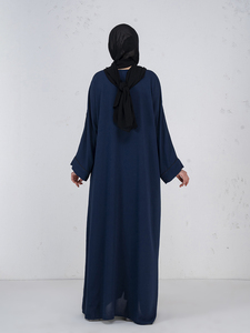 Women Long Navy Blue Solid Color Polyester Abaya Lightweight Daily Wear <b>Hijab</b> Style Dress Full Length V-Neck Design - Product Image 2