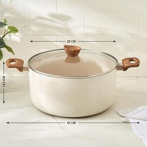 Casserole en acier inoxydable émaillé 24 cm ronde avec couvercle en verre, poignées en bois, design minimaliste, passe au lave-vaisselle - Product Image 3