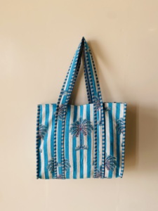 Boho Blue <b>Quilted</b> <b>Tote</b> <b>Bag</b> | Handmade Cotton Block Print Shoulder <b>Bag</b> | Reusable Shopping & Daily Carry <b>Bag</b> - Product Image 3