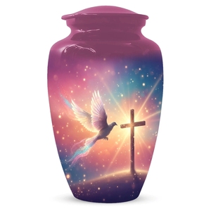 Urna Funeraria de Esmalte Rosa con Gráfico de Cruz Sagrada y Paloma Luminosa - Recipiente Metálico con Tapa Roscada - Product Image 1