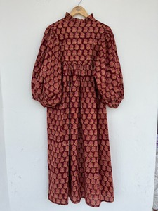 Women Maroon Cotton Maxi Dress Floral Buta Print <b>Balloon</b> Sleeve Boutique Wholesale - Product Image 2