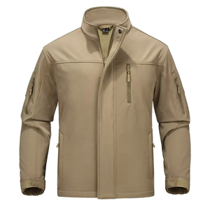 Veste Softshell Kaki Homme Col Montant Fermeture Éclair Coupe-Vent Vêtement d'Extérieur Coupe Droite Automne Couleur Unie avec Détails Patchwork - Product Image 3