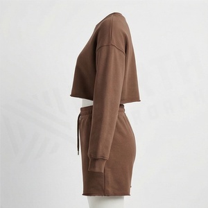 Ensemble 2 pièces pour femme, sweat-shirt court et short marron uni, col rond, manches longues, coupe ample, tenue décontractée, longueur au-dessus du genou - Product Image 3