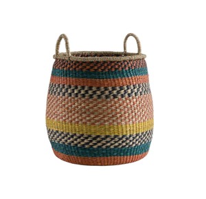 Handmade Seagrass <b>Storage</b> <b>Basket</b> with Ring Handles Multi Color Striped Pattern <b>Wicker</b> Container Bin for Laundry Organizer - Product Image 1