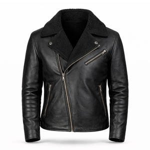Veste de motard en cuir noir imperméable et coupe-vent pour homme, col rabattu, hiver, cuir véritable, style vintage - Product Image 1