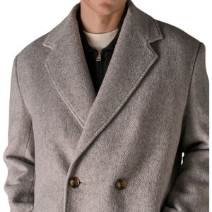 Manteau long en laine à chevrons pour homme en gris avec fermeture double boutonnage, design élégant et tissu de haute qualité - Product Image 4