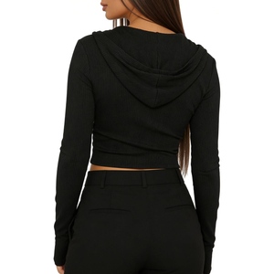 Haut court à capuche en maille noire pour femme, manches longues, fermeture éclair, couleur unie, respirant, pour l'automne, pull à manches longues OEM ODM - Product Image 2