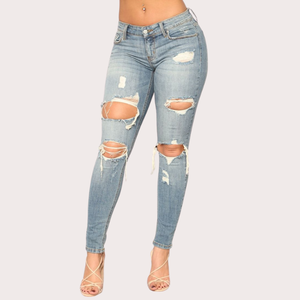 Jean en denim premium taille haute déchiré pour femme, coupe skinny, délavage foncé, super extensible, respirant, en coton, sexy, dernière tendance - Product Image 2