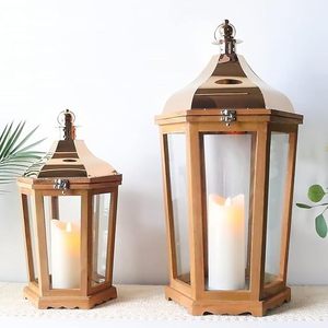 Farol Decorativo de Madera con Tapa de Metal Dorado, Farol de Vidrio Rústico Estilo Granja para Decoración del Hogar y Bodas - Product Image 1