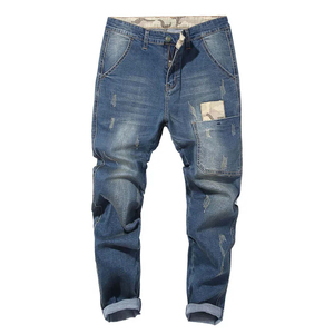Jean cargo en denim délavé foncé pour homme, coupe droite, décontracté, avec poches avant, haute élasticité, jambe large, style professionnel - Product Image 5