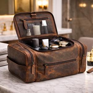 Genuine Leather <b>Toiletry</b> Bag Men Travel Wash Organizer Cosmetic Waterproof <b>Storage</b> Bag LTB-0140 - Product Image 3