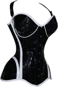 <b>Women</b> Black <b>Latex</b> Corset With White Trim Firm Control Shaper Hook And Eye Closure - Product Image 2
