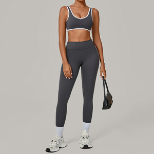 2026 Premium Women's Yoga Set High Waist Leggings Seamless 2 Piece Gray Spandex Polyester Workout Crop Top Full Length - Product Image 1