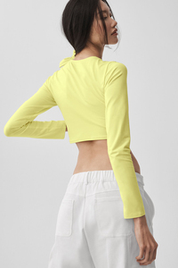 Women's <b>Yellow</b> Long Sleeve Crop <b>Top</b> O-Neck Knitted Stretch Solid Color Bow Style Breathable Sportswear - Product Image 4