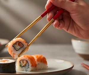 Red Handle Cutlery <b>Set</b> With Chopstick And Matte Gold PVD Head For Outdoor Dining Office <b>Lunch</b> Camping Wedding And Travel - Product Image 5