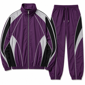 Ensemble de survêtement unisexe violet avec blocs de couleur, fermeture à cordon sur toute la longueur, style décontracté, coupe régulière, vêtement d'hiver 100 % coton, séchage rapide - Product Image 1