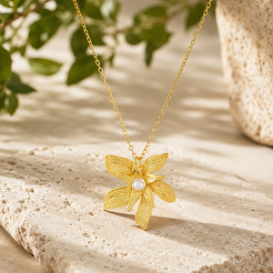 18K Gold Plated 925 Sterling Silver Flower <b>Necklace</b> with Pearl, Textured Lily Pendant Botanical <b>Statement</b> Jewelry - Product Image 3