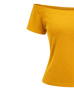 T-shirt femme jaune moutarde à épaules dénudées, manches courtes, coupe ajustée, décontracté, été, en coton doux, personnalisable, fabricant OEM - Product Image 3
