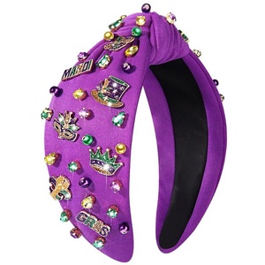PINKWEAVE Unique Designer Luxury Mardi Gras Rhinestone Charm Purple Crystal <b>Beaded</b> Comfortable Soft Festival Hairband for Women - Product Image 1