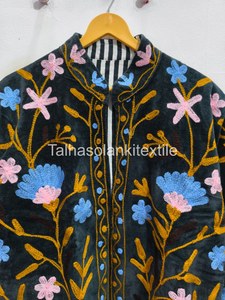 Women's Velvet Blazer Hand Embroidered Floral Pattern Mandarin Collar Full Sleeve Autumn <b>Coat</b> - Product Image 4
