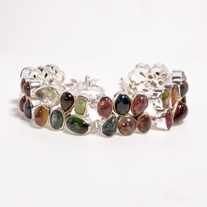 Natural Multi Tourmaline <b>Gemstone</b> <b>Bracelet</b> 925 Sterling Silver Handmade Cabochon Statement Jewelry Women Gift for Men Unisex Her - Product Image 1