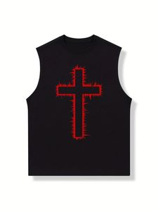 Custom Mens Sleeveless Tank Top Black Cotton Streetwear Vest <b>Red</b> <b>Cross</b> Graphic Oversized Muscle Shirt Casual Summer Wear - Product Image 1