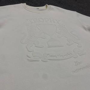 Cream Embossed <b>Logo</b> Men T Shirt Oversized Knitted Short Sleeve Crew Neck Printed Tee Casual Streetwear - Product Image 2