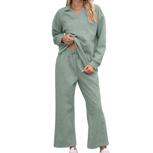 Ensemble de survêtement en lin noir uni pour femme, col en V, manches longues, coupe ample, pantalon long avec poches latérales, tenue décontractée d'été - Product Image 2