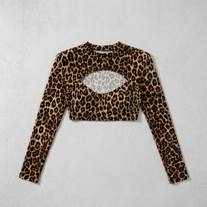 Haut court à découpes imprimé léopard pour femme, manches longues, motif guépard personnalisé, extensible, idéal pour les soirées printemps-été, vente en gros - Product Image 3