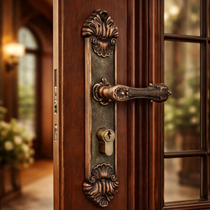 Manija de puerta de latón macizo Heritage Crest sobre placa |   Manija de Puerta de Diseño Vintage con Forma de Concha y Orificio para Llave, para Puertas de Madera de Lujo - Product Image 2