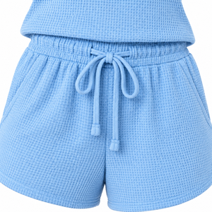 Ensemble pyjama d'été en tricot bleu pour femme, débardeur et short, anti-plis, taille élastique, vente en gros, OEM - Product Image 3
