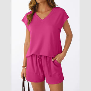 Fabricants et exportateurs ODM de vêtements, ensemble d'été personnalisé pour femmes, ensemble 2 pièces, vêtements d'été, chemise unie en polyester - Product Image 1