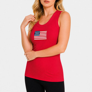Top Corto de Punto Acanalado Rojo para Mujer con Emblema de Bandera y Bordado, Manga Corta, Primavera/Verano, para Venta al por Mayor, Camisetas para Mujer, OEM, Venta al por Mayor - Product Image 4