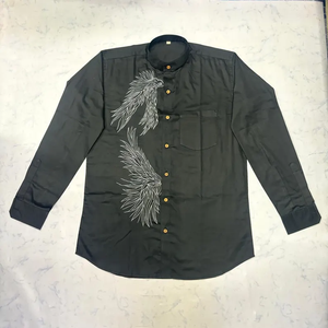 Classic <b>Long</b>-Sleeve Collarless Casual Shirt Featuring Hand-painted Pattern 100% Cotton Velour Fabric Single Button Shirts - Product Image 1