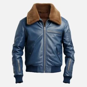 <b>Men's</b> Blue PU Leather Bomber <b>Jacket</b> With Faux Fur Collar Windproof Moto Biker Style Winter <b>Jacket</b> Regular Fit Zipper Closure - Product Image 1